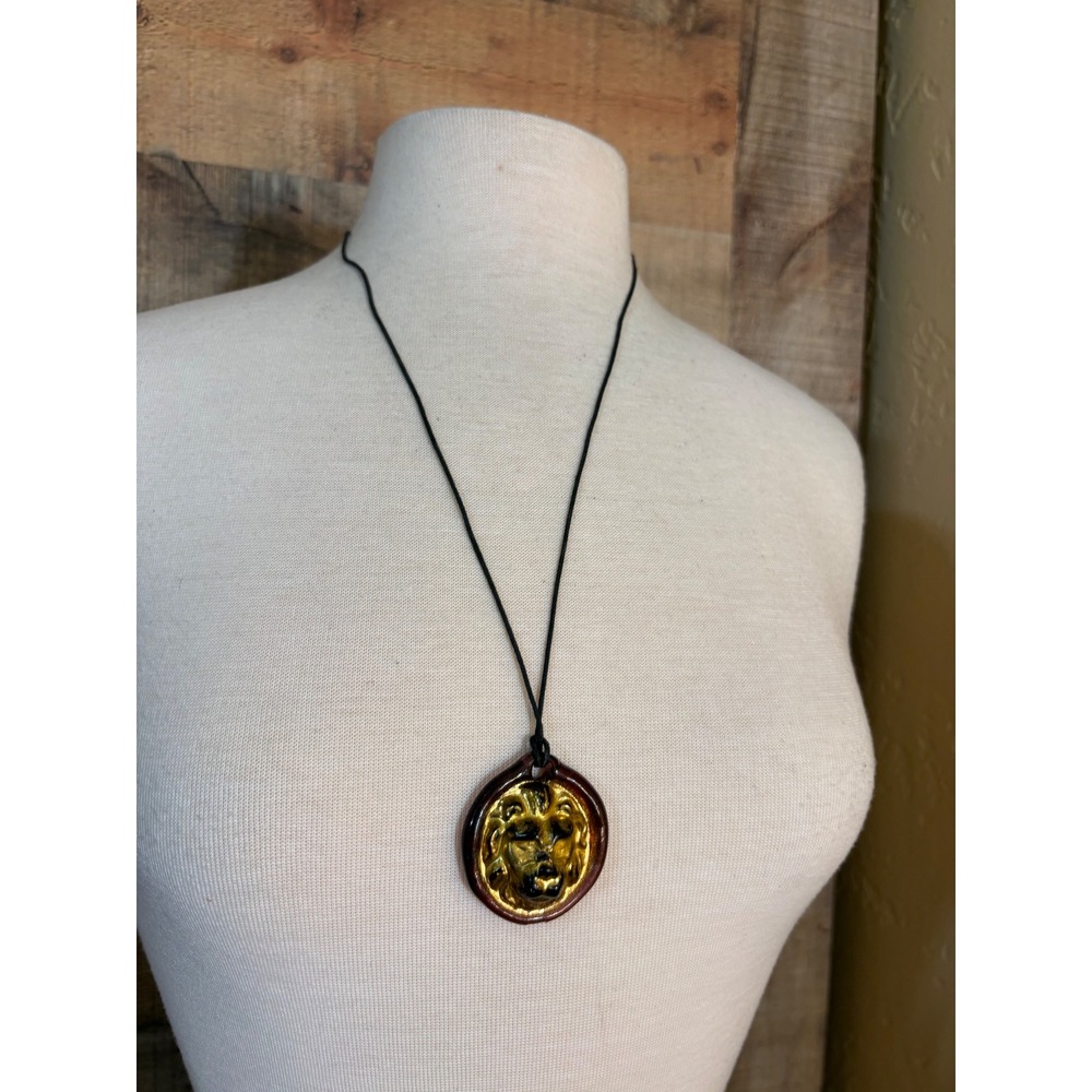 Art Glass Lion Head Pendant Necklace Gold Foil Burgundy Medallion Black Cord
